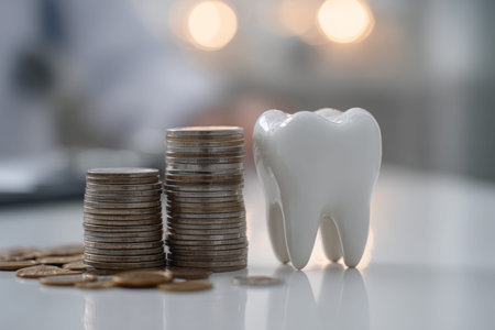 A white tooth model and coins symbolizing dental care costs in a softly lit dentist s office