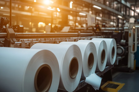 Hyperrealistic photography of white paper rolls on printing machine in a print factory setting