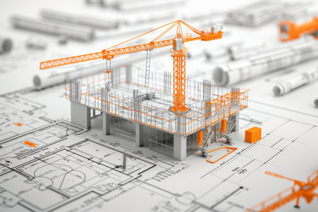Realistic 3d building construction image featuring blueprints, cranes, and heavy machinery equipmentの写真素材