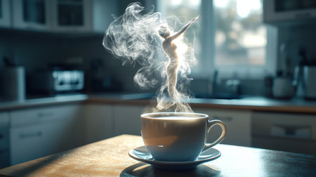 Photorealistic image of a coffee cup with dancing woman shaped steam in a kitchen settingの写真素材