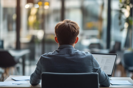 Young entrepreneur engaged with laptop and documents in a contemporary office settingの写真素材