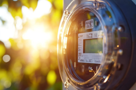 Close up of a digital electricity meter in sunlight with detailed energy dimensions displayedの写真素材