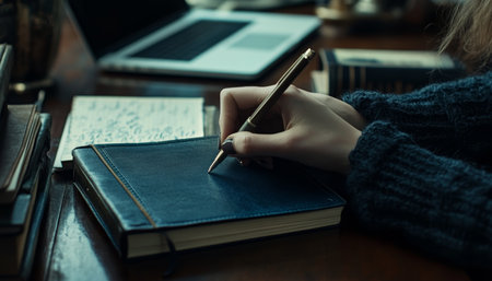 Close up of a woman s hands writing in a navy blue notebook on a dark brown desk with laptopの写真素材
