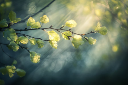 Vibrant spring background with sunlit green leaves and blurred nature, perfect for banner designの写真素材
