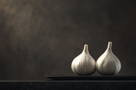 Artistic image of two garlic cloves on dark background with soft lighting and low angle viewの写真素材