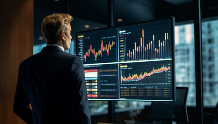 Businessman analyzing financial data in conference room with digital display of graphs and chartsの写真素材