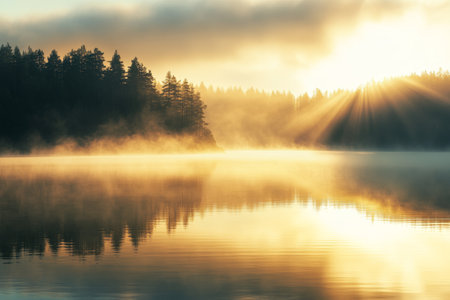 Tranquil sunrise at a serene lake sunlight breaking through fog over calm waters and forestの写真素材