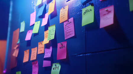 Colorful sticky notes on dark blue wall a visual representation of office work and focusの写真素材