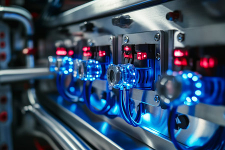 Close up of an electrical panel with colorful wires and gui popups in a high tech control room