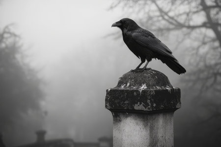 Mysterious black raven on tombstone in foggy background gothic high contrast photograph