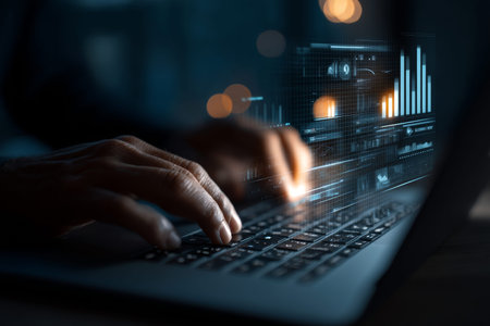 Businessman engaged with laptop as data icons, graphs, and charts emerge on dark blue background