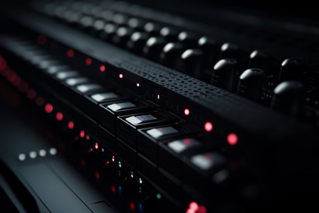 Hyper realistic close up of black server rack loaded with solid state drives in soft lightingの写真素材