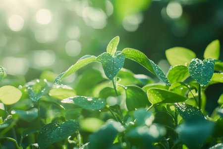 Close up of lush potato plants in a greenhouse with soft daylight and blurred backgroundの写真素材