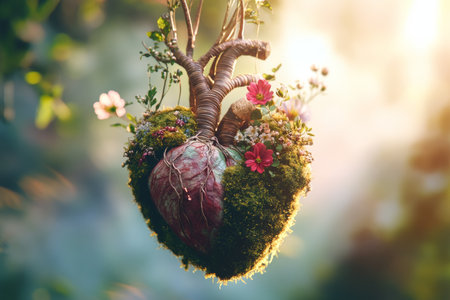 Anatomical heart crafted from natural elements like moss and flowers, suspended in sunlit airの写真素材