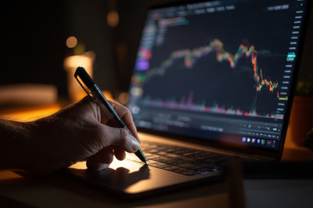 Close up of hands writing on digital screen with stock market chart in dark office at nightの写真素材