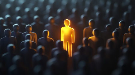 Glowing yellow figure stands out among dark gray crowd, symbolizing individuality and uniquenessの写真素材