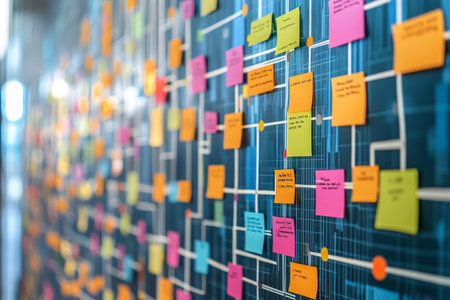 Intricate mind map displayed on wall with colorful sticky notes and detailed text boxesの写真素材