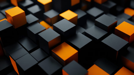 Abstract geometric wallpaper design featuring black, grey, and orange cubes on dark canvas