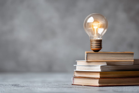 Abstract concept of education with a light bulb atop books symbolizing knowledge and learning