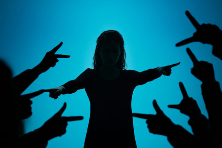Silhouette of a woman surrounded by pointing fingers against a blue background symbolizing attention