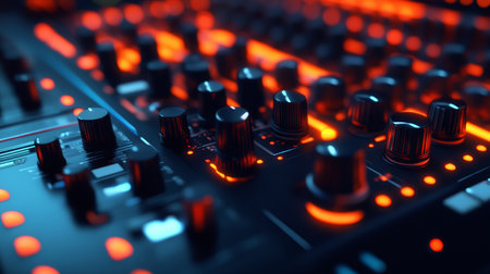 Close up 3d rendering of a modern audio mixer with glowing lights for music production and podcastsの写真素材