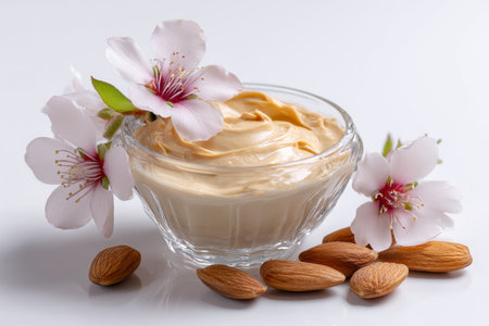 Close up of almond and shea butter cream in a glass bowl with almond blossoms on white backgroundの写真素材