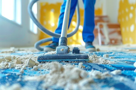 Employee in blue uniform cleans construction site with vacuum cleaner amidst dust and debrisの写真素材