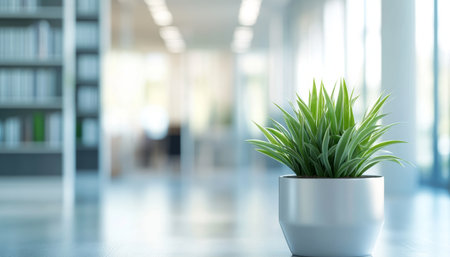 Contemporary office space featuring greenery, glass doors, and stylish bookshelves in soft focusの写真素材