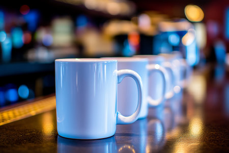 Close up view of white coffee mugs on bar counter with blurred background and text spaceの写真素材