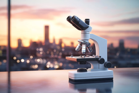 Photorealistic 3d rendering of a modern microscope on a lab table with city sunset backgroundの写真素材