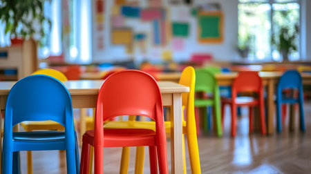 Vibrant kindergarten classroom with colorful furniture a playful learning environmentの写真素材