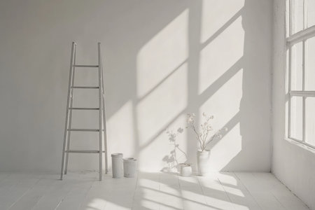 Bright white room featuring ladder, ideal for minimalist scandinavian interior designの写真素材