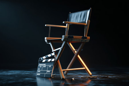 3d illustration featuring a clapperboard and director's chair on a black backgroundの写真素材