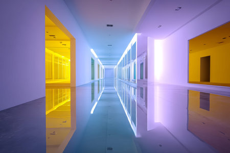 Contemporary art gallery interior with geometric shapes and reflective floors in bold colors