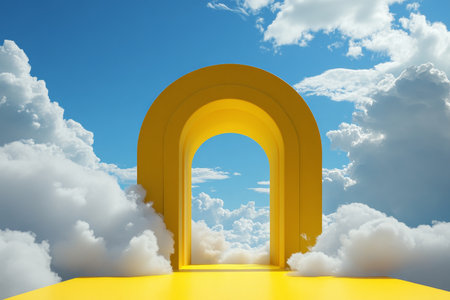 Minimalist 3d yellow podium surrounded by clouds and an arch against a bright blue skyの写真素材