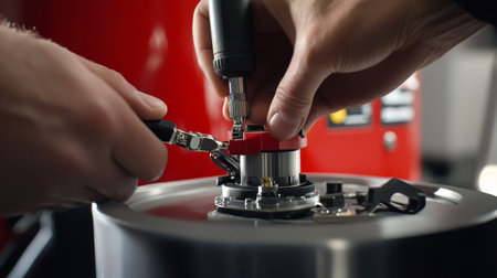 Expert hand repairing water heater with tools against white background in home setting