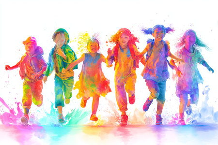 Joyful watercolor painting of children playing together with rainbow colors and colorful splashesの写真素材