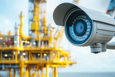 Close up of a cctv camera overlooking an industrial oil platform for enhanced safety monitoringの写真素材