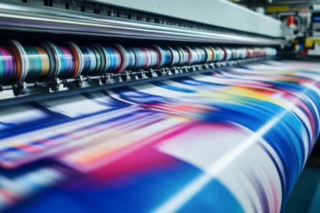 Close up of a digital printing machine producing vibrant advertising posters in a modern workshopの写真素材