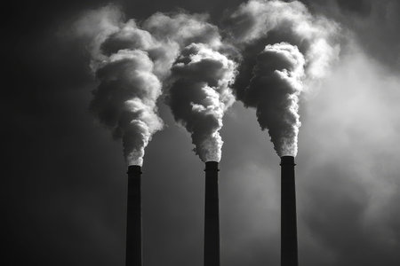 Monochrome photograph of industrial chimneys emitting smoke against a dramatic sky