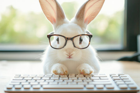 Adorable white rabbit with glasses typing on a keyboard against a light backgroundの写真素材