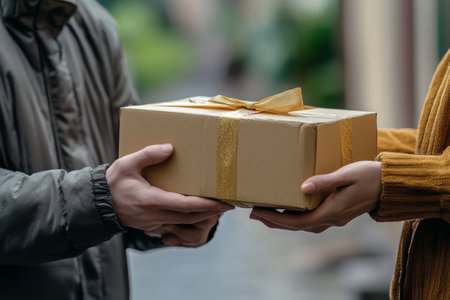 Delivery person handing over packages to customer in a Hollywood style e commerce promotion shotの写真素材