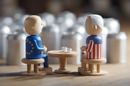 Wooden toy figures of eu and usa flags engage in discussion amidst blurred aluminum can backgroundの写真素材