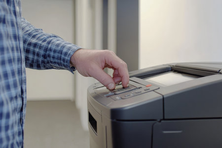 Man in blue plaid shirt uses black copier in modern office with white walls and gray carpet.の写真素材