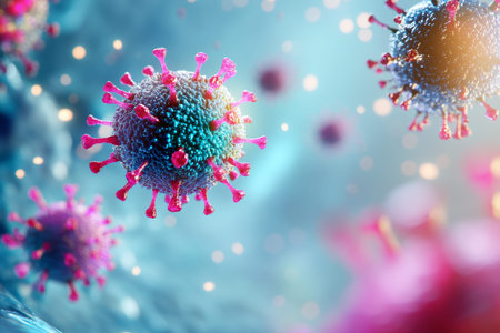 Close up 3d render of a virus interacting with t cells against a soft blue backgroundの写真素材