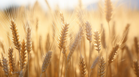 Close up of golden wheat ears illuminated by bright sunlight in a vast rural landscapeの写真素材
