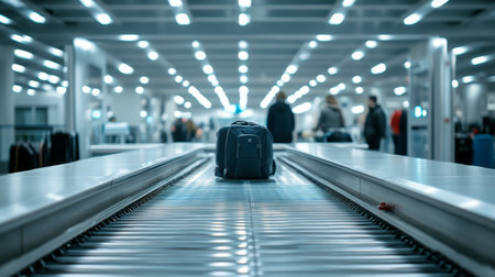 Modern airport x ray station featuring luggage and passengers with a sleek white themeの写真素材