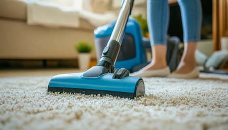 Woman vacuuming carpet at home with a blue backpack canister cleaner in natural lightの写真素材