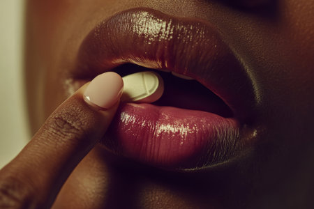 Close up of a hand offering a pill to a woman s mouth with focus on tongue and teeth detailsの写真素材