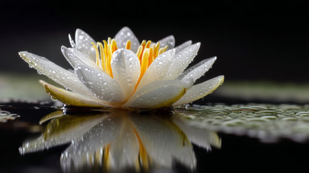 Water droplet on a white lily in a pond reflecting against a dark background, nature s beautyの写真素材